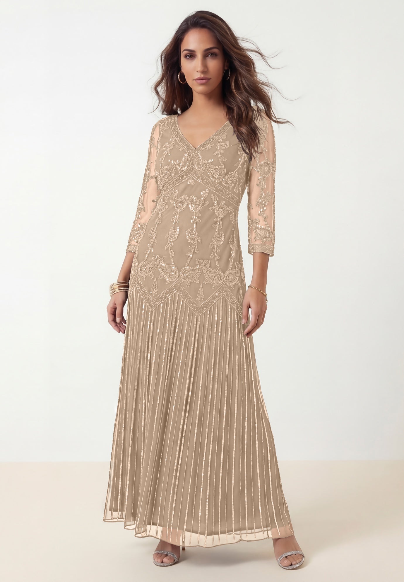 Plus Size Beaded V-Neck 3/4 Sleeve Sleeve Maxi Gown image number 0