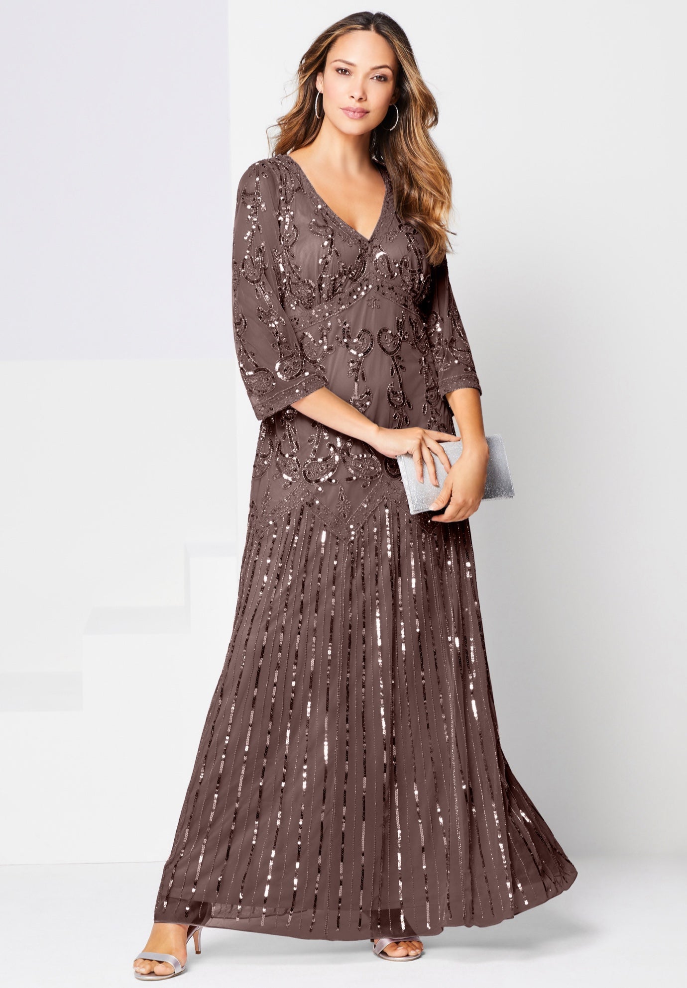 Plus Size Beaded V-Neck 3/4 Sleeve Sleeve Maxi Gown image number 0