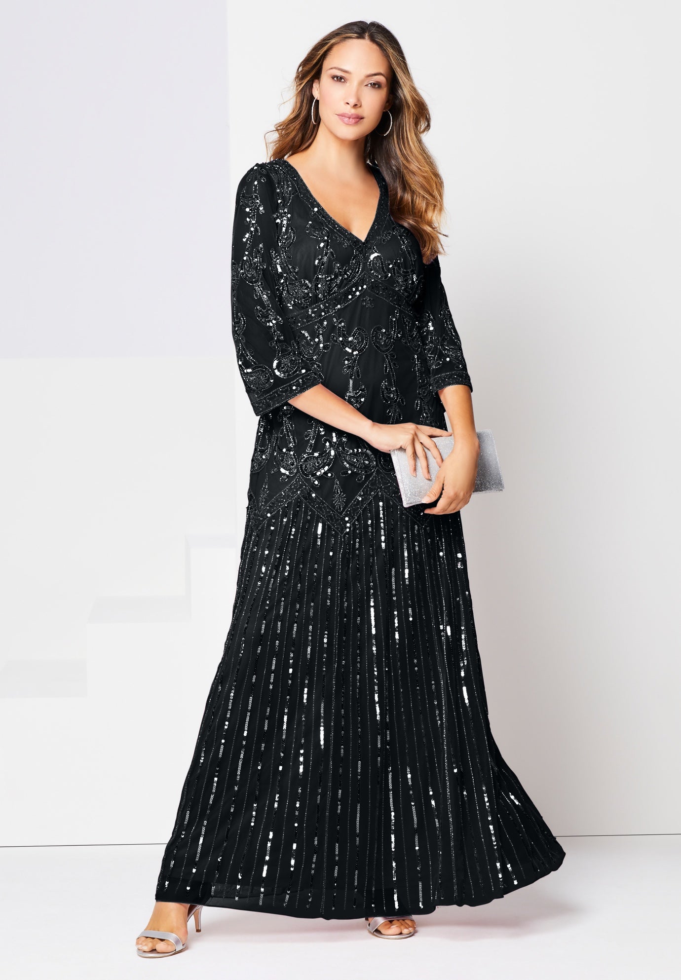Plus Size Beaded V-Neck 3/4 Sleeve Sleeve Maxi Gown image number 0