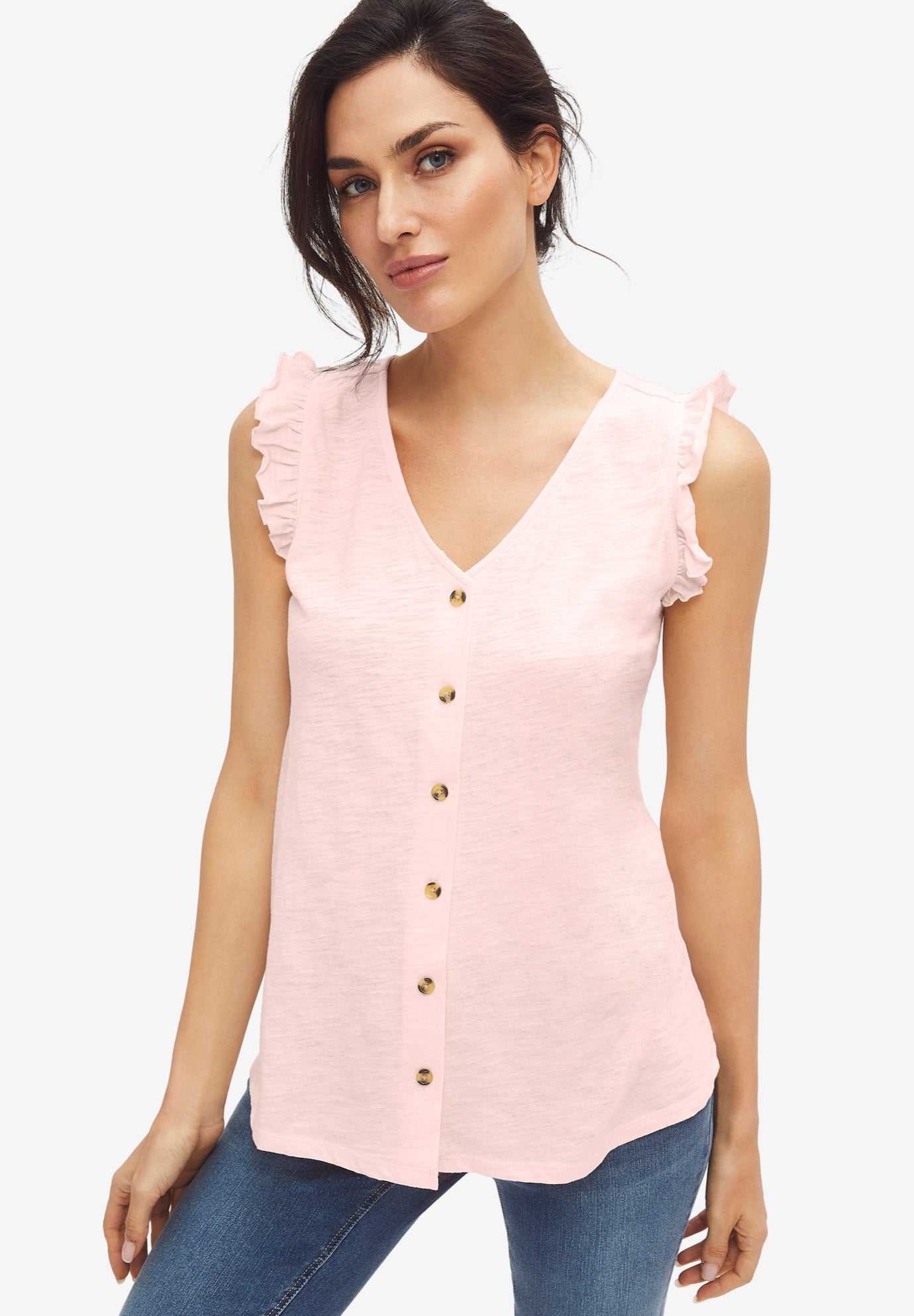 Button-Front Ruffle Sleeve Tank image number 0