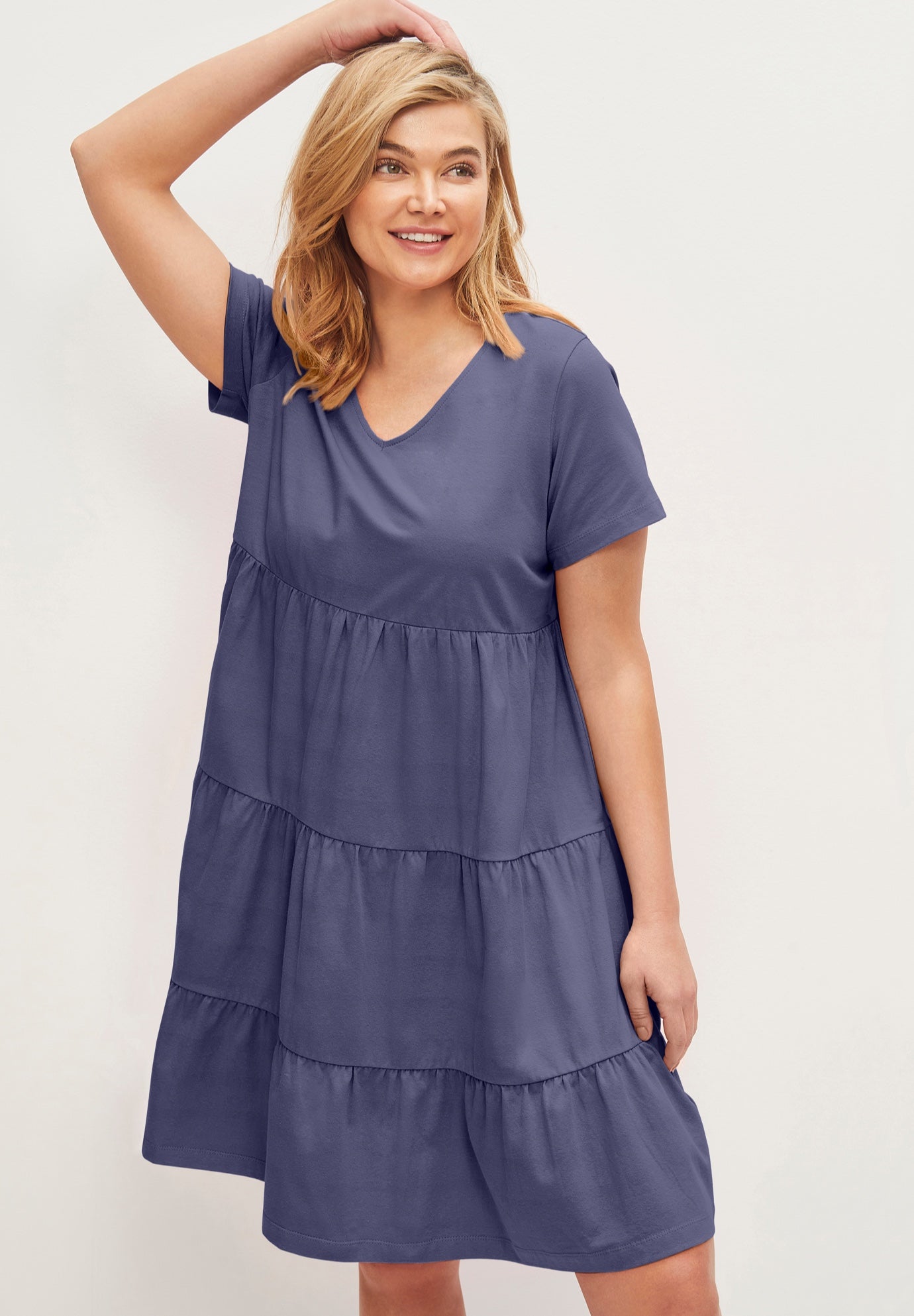 Cotton Spandex Scoop Neck Short Sleeve Tiered A Line Dress image number 0