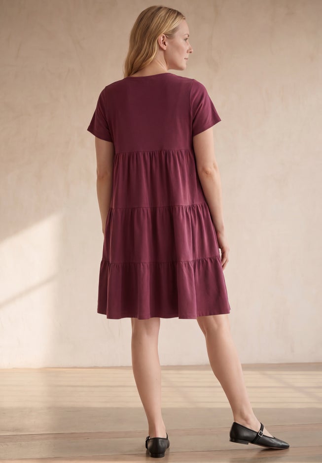 Cotton Spandex V-Neck Short Sleeve Tiered A-Line Dress image number 1