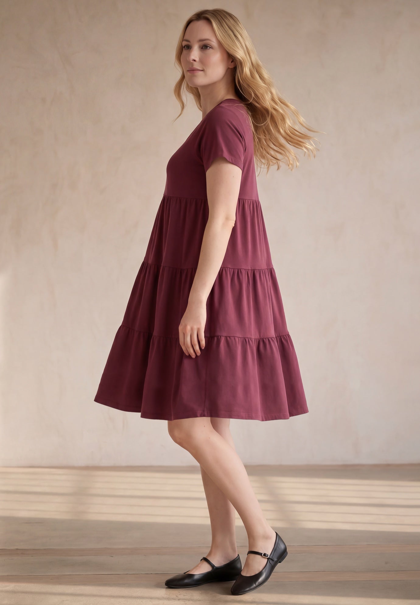 Cotton Spandex V-Neck Short Sleeve Tiered A-Line Dress image number 2