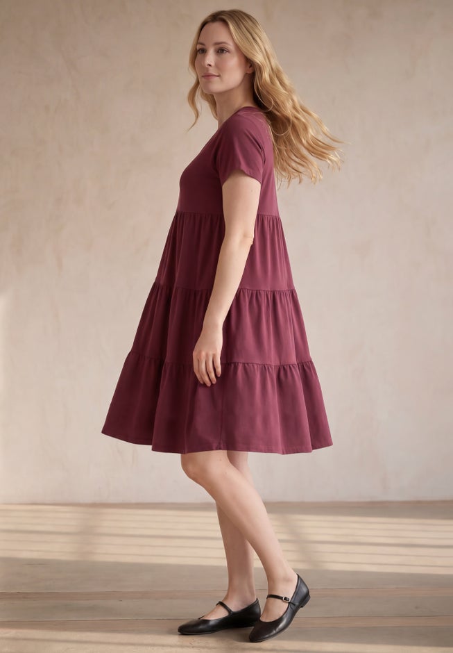 Cotton Spandex V-Neck Short Sleeve Tiered A-Line Dress image number 2