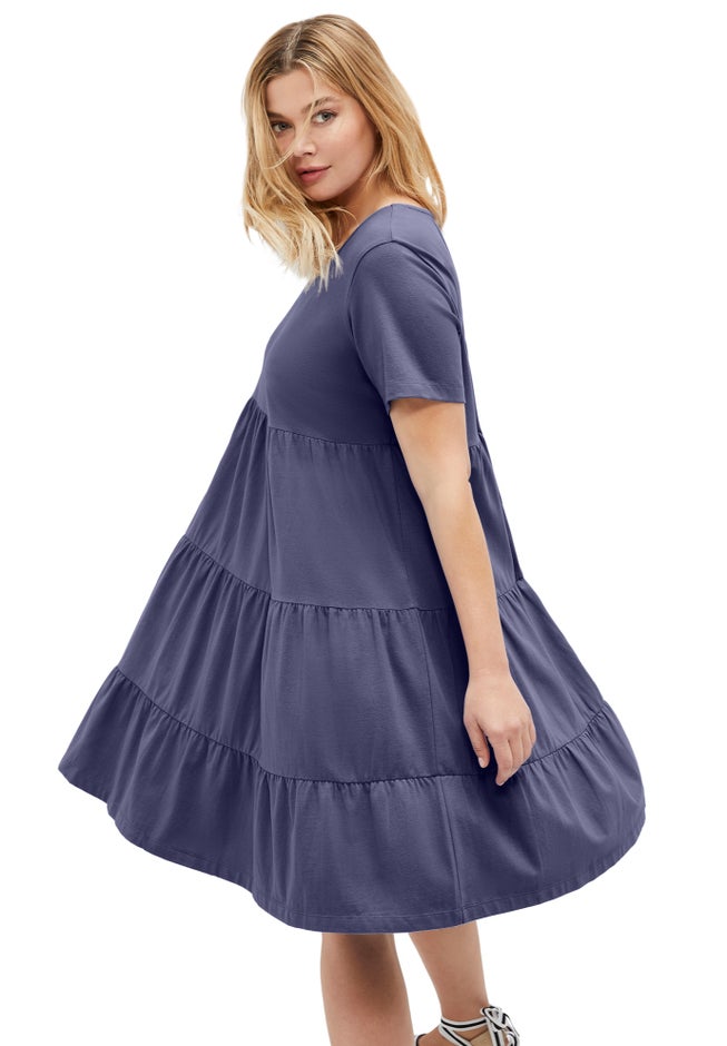 Cotton Spandex Scoop Neck Short Sleeve Tiered A Line Dress image number 2