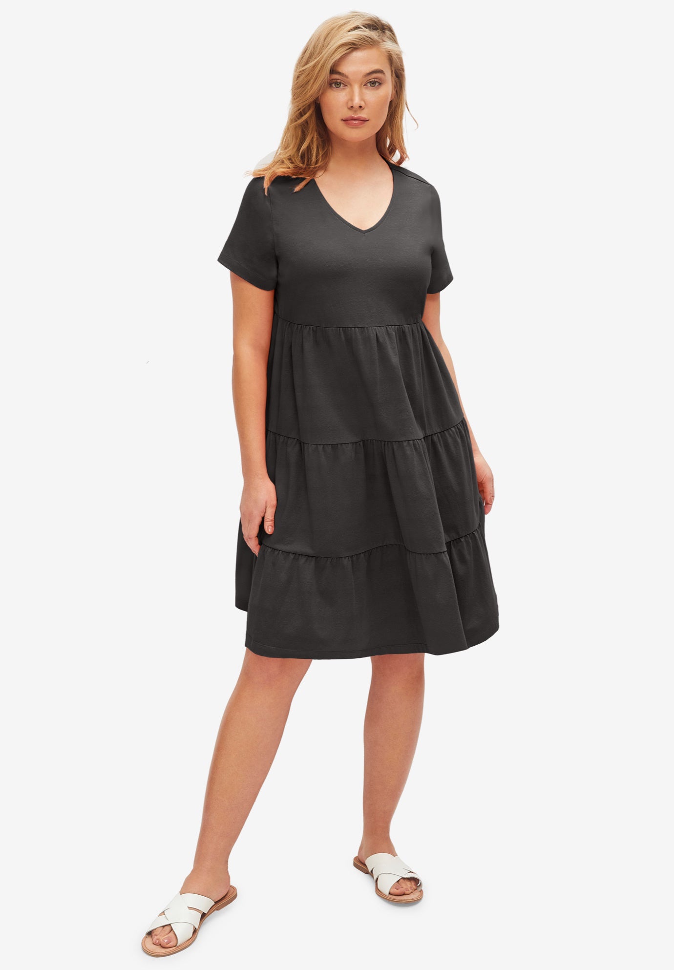 Cotton Spandex V-Neck Short Sleeve Tiered A-Line Dress image number 0