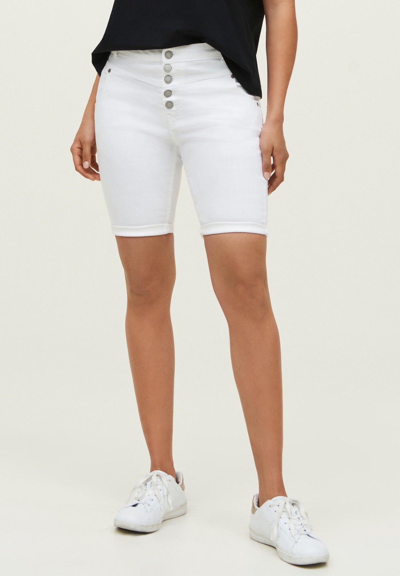 Mid-Rise Button-Front Stretch Denim Shorts image number 0
