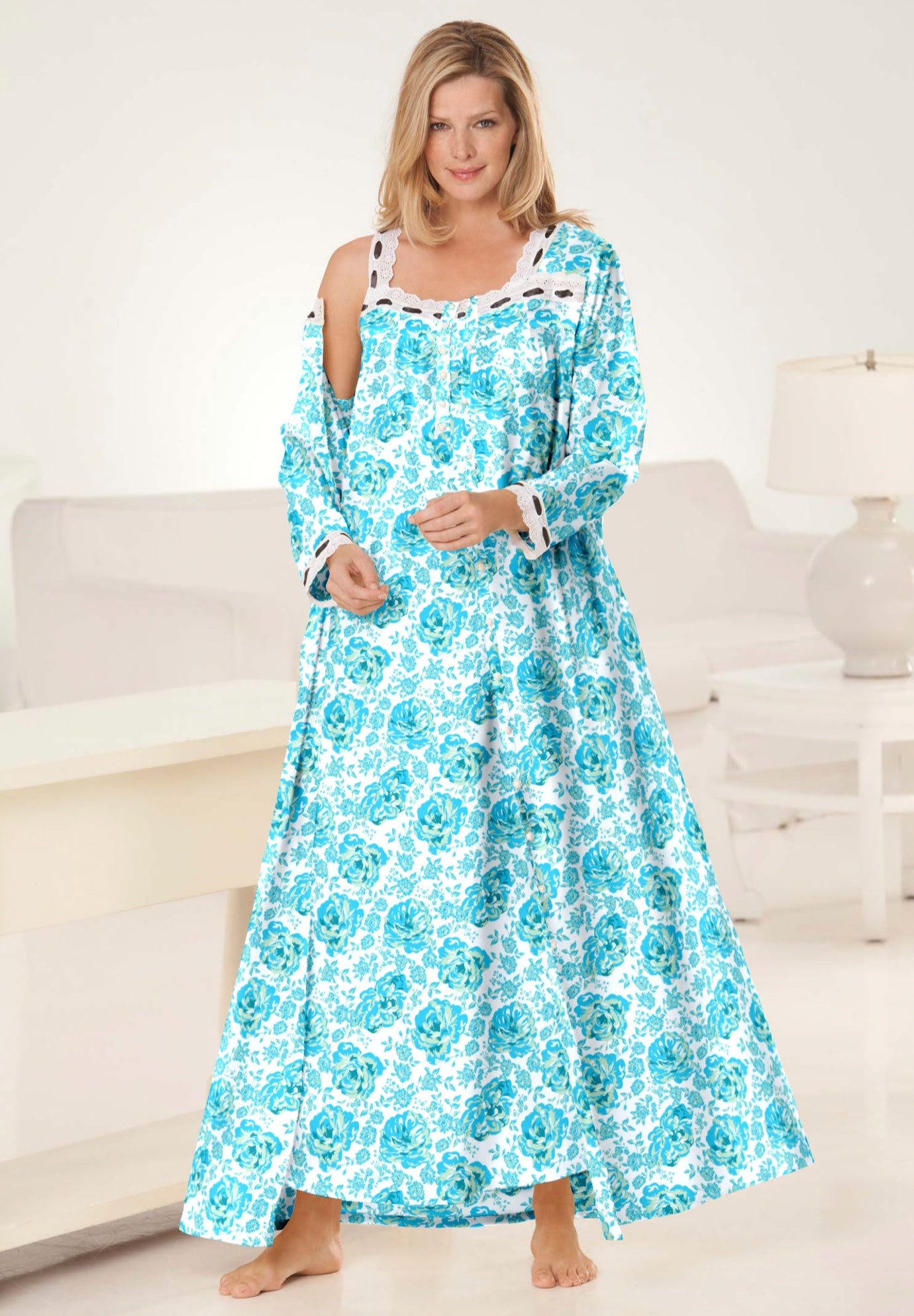 Long 2-Piece Cabbage-Rose Peignoir Set image number 0