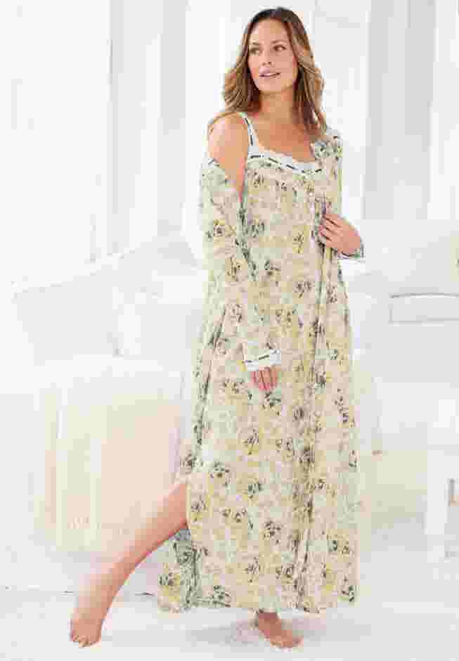 Long 2-Piece Cabbage-Rose Peignoir Set image number 0