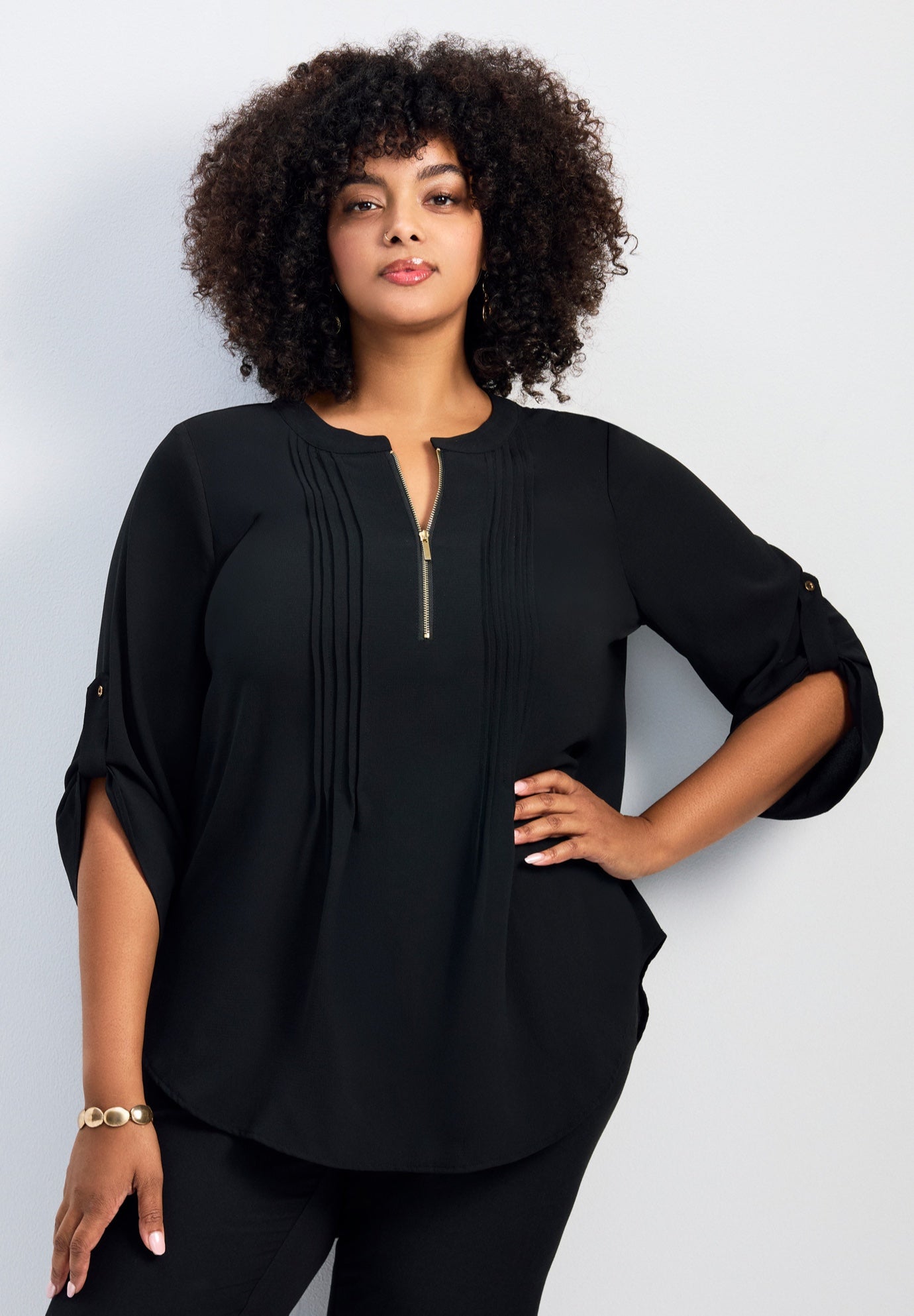 Hailey Zip Front Pintuck Blouse image number 0