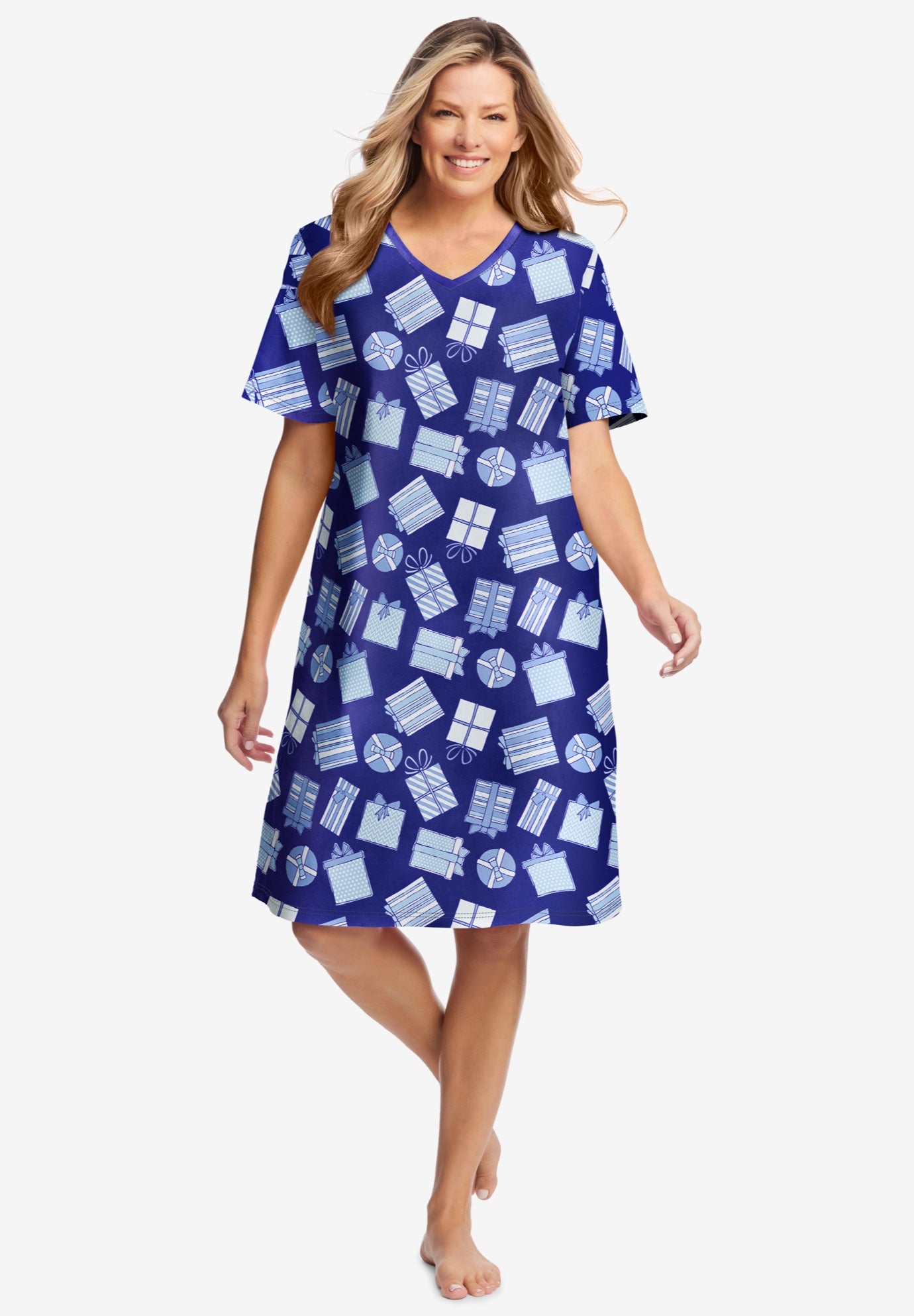 V-Neck Short Sleeve Knee-Length Cotton Sleepshirt image number 0