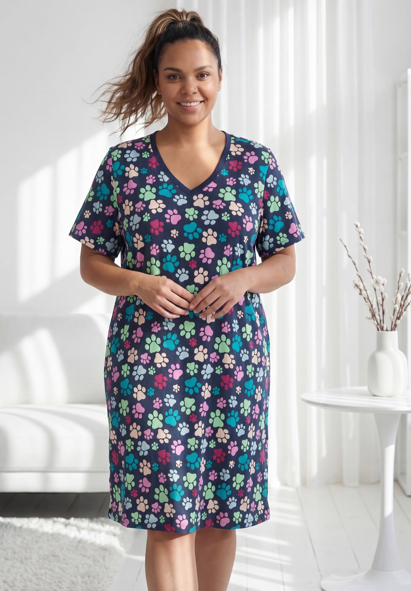 V-Neck Short Sleeve Knee-Length Cotton Sleepshirt image number 0
