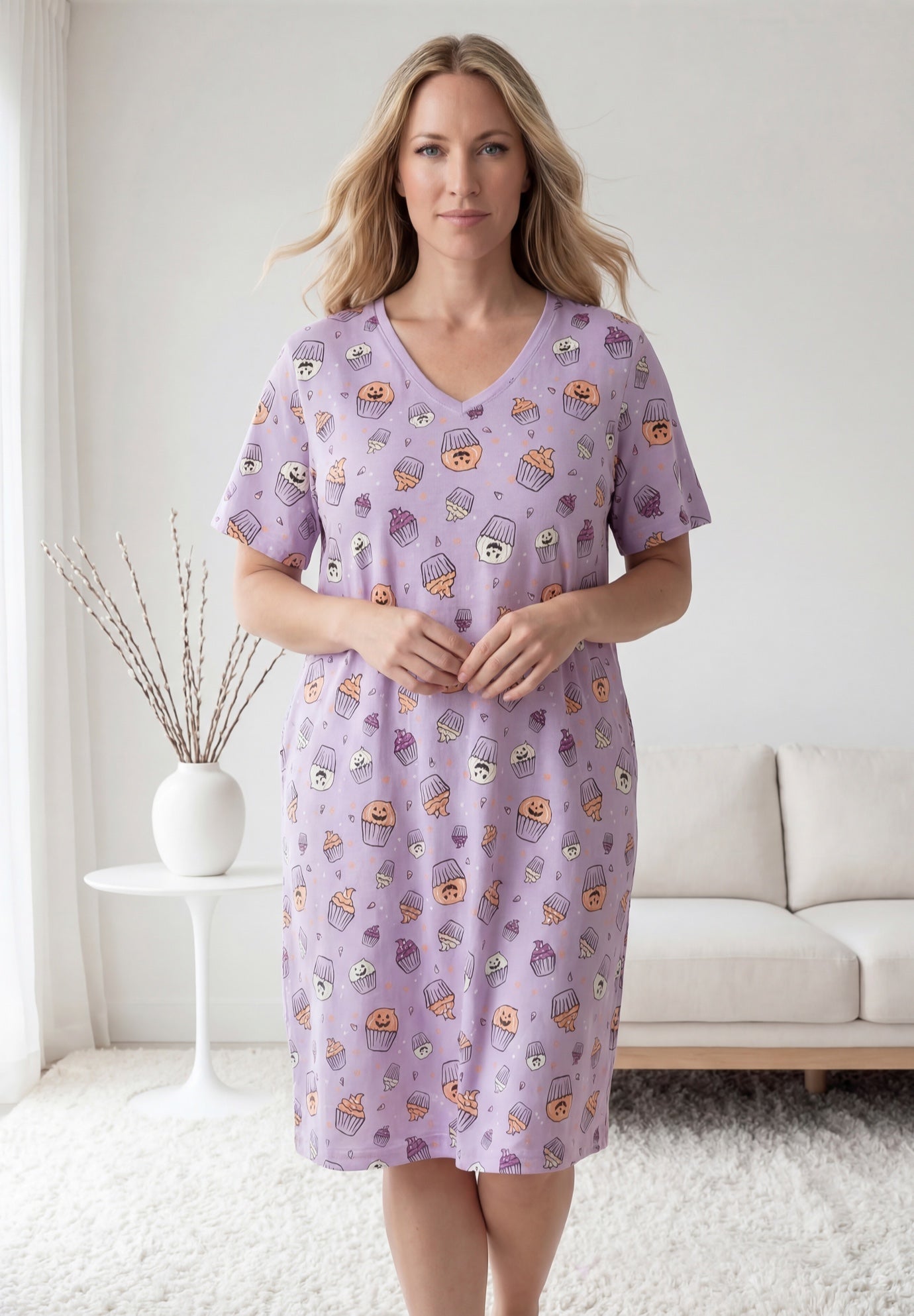 V-Neck Short Sleeve Knee-Length Cotton Sleepshirt image number 0