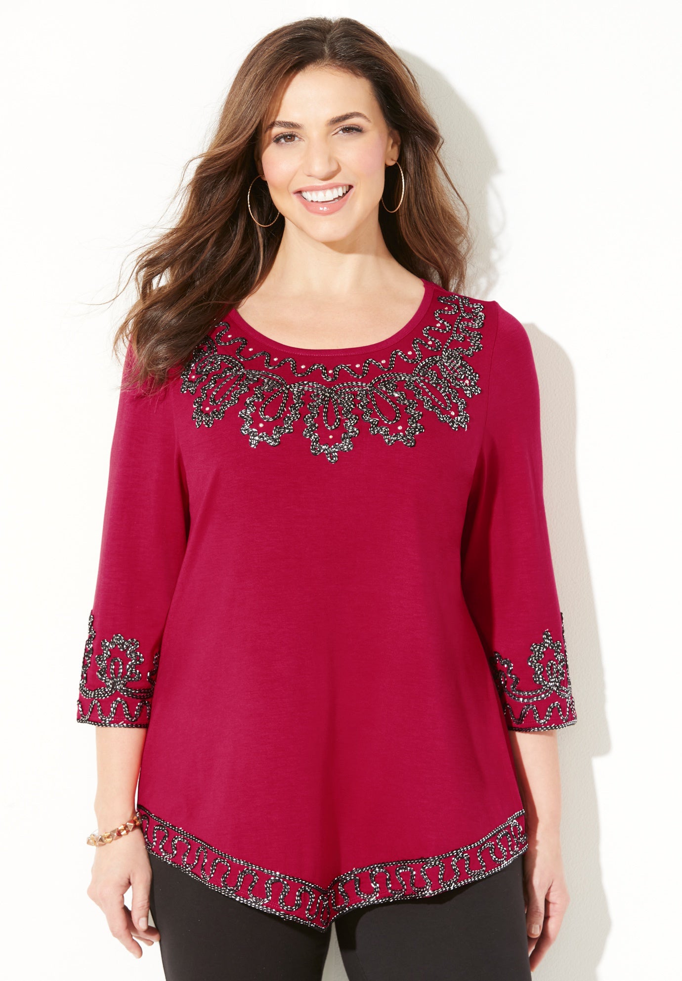 Pointed Hem Embroidered Top image number 0