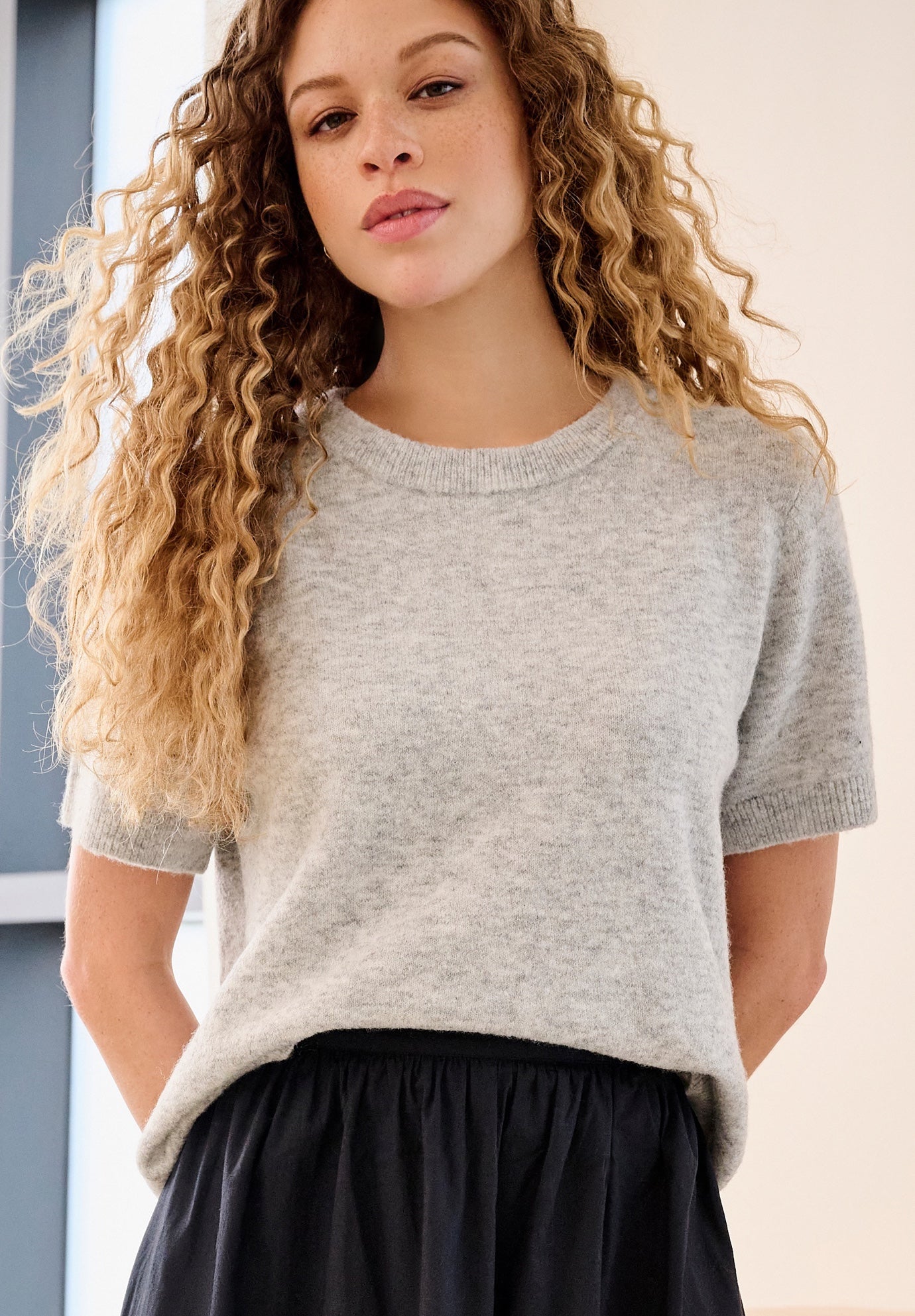 Stretch Crew Neck Short Sleeve Boxy Pullover Sweater image number 0