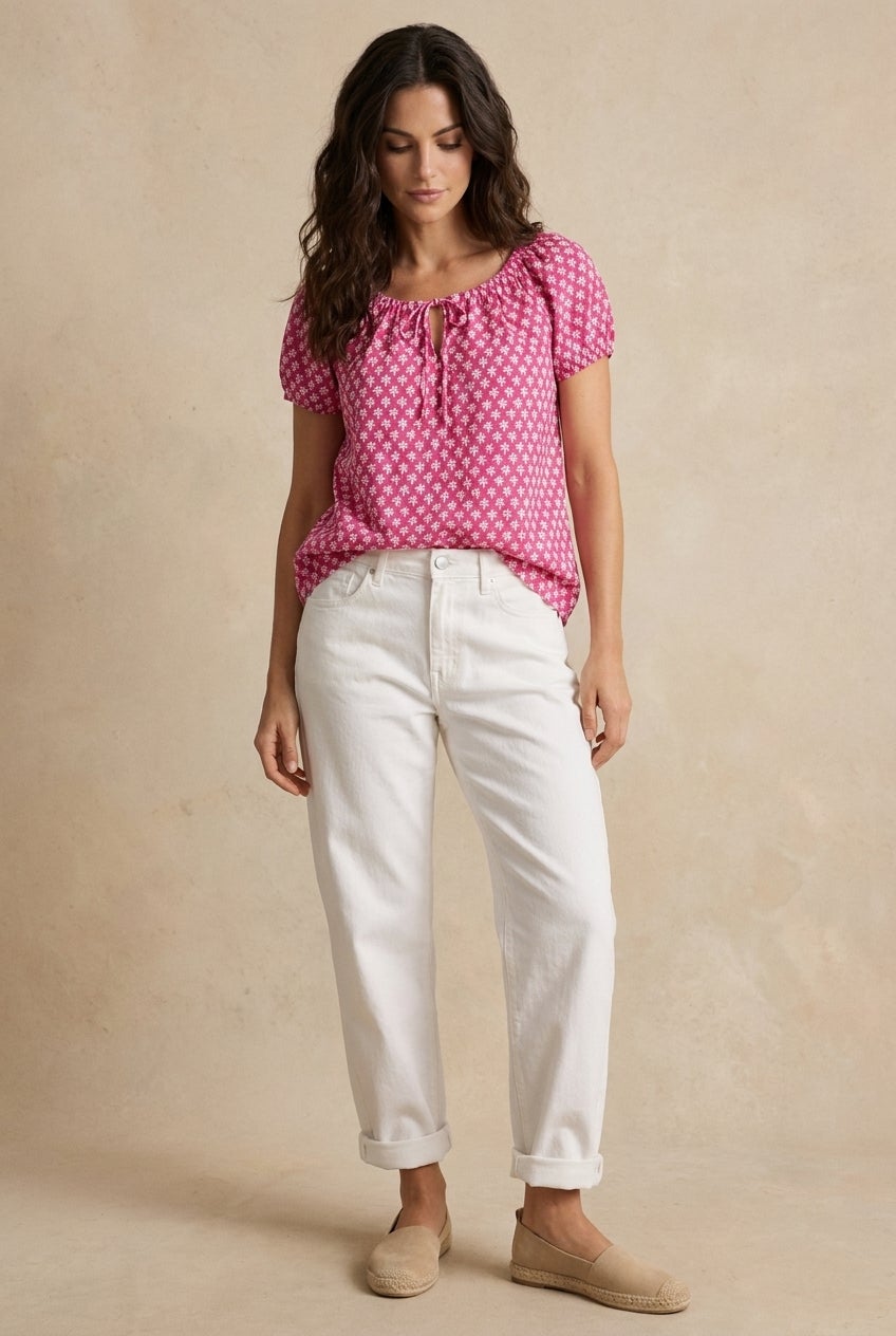 100% Cotton A-Line Peasant Blouse With Scoop Keyhole Neckline image number 0