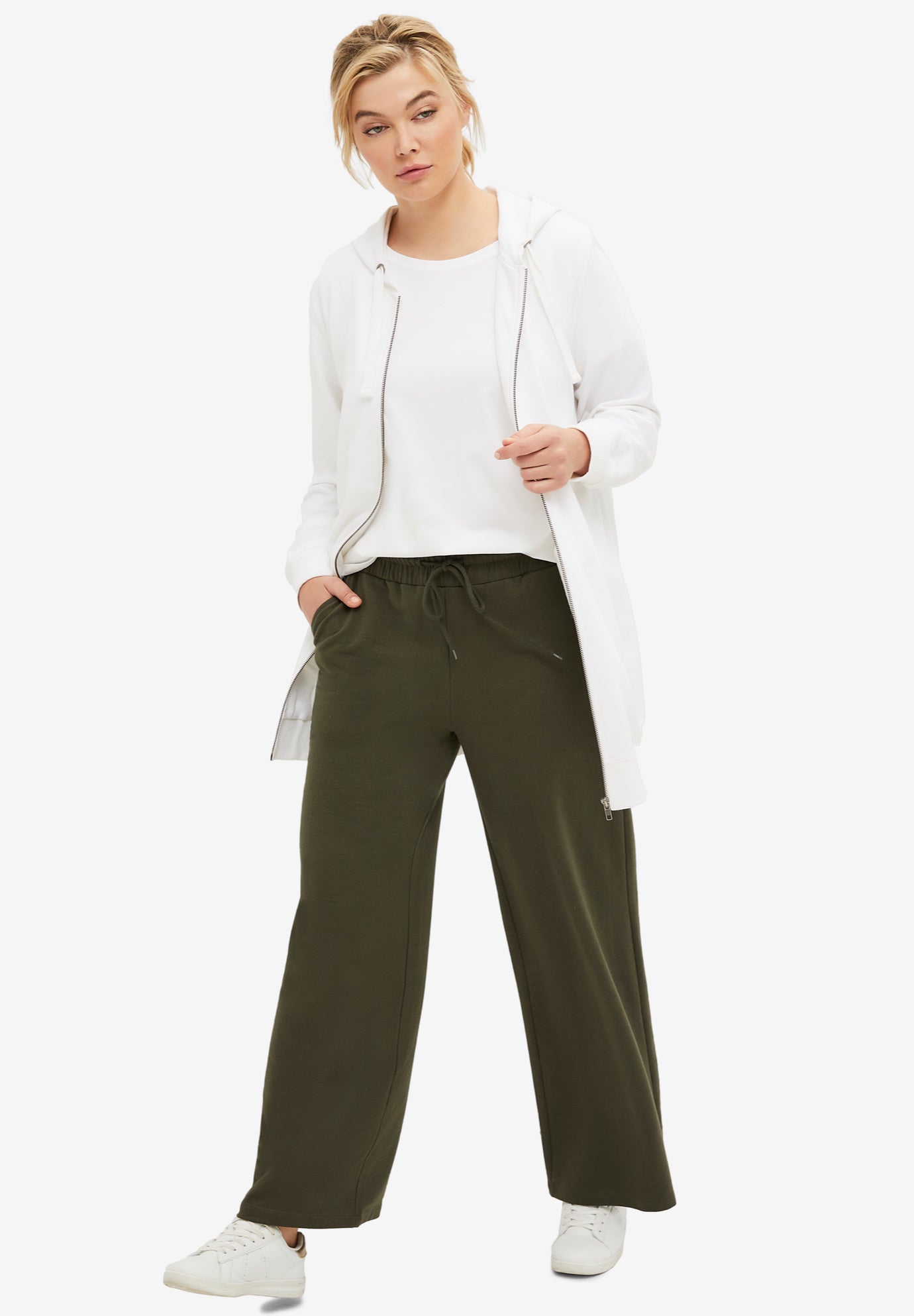 French Terry Wide Leg Sweatpants With Drawstring Elastic Waistband image number 1