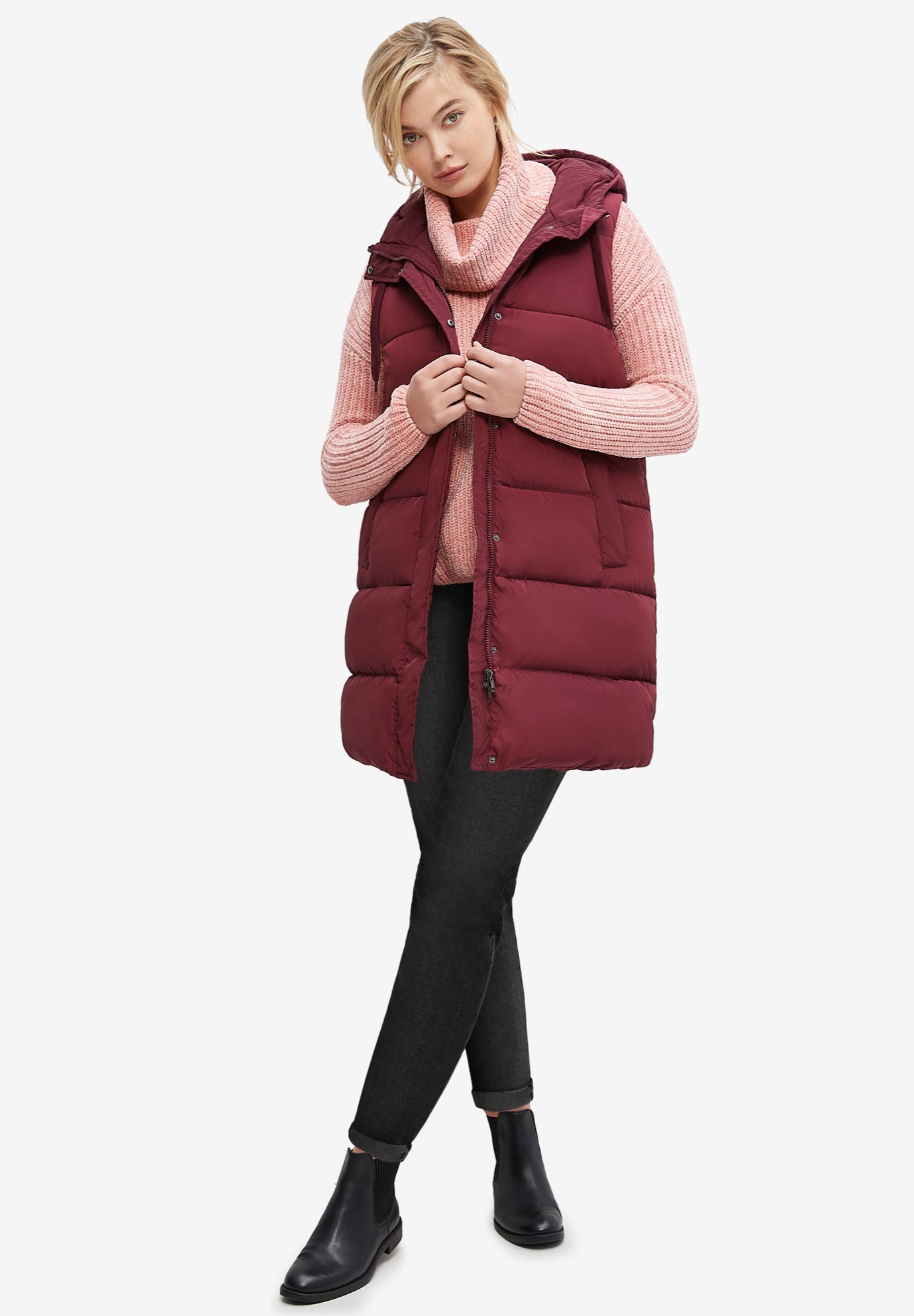 Long Hooded Puffer Vest image number 0