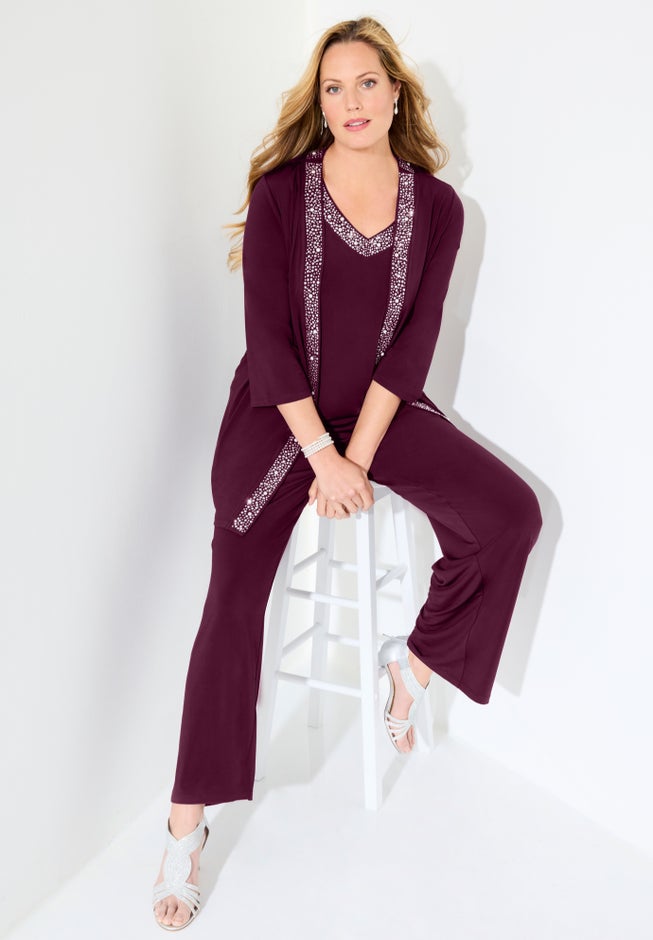 Beaded 3-Piece Cardigan Pant Set image number 0