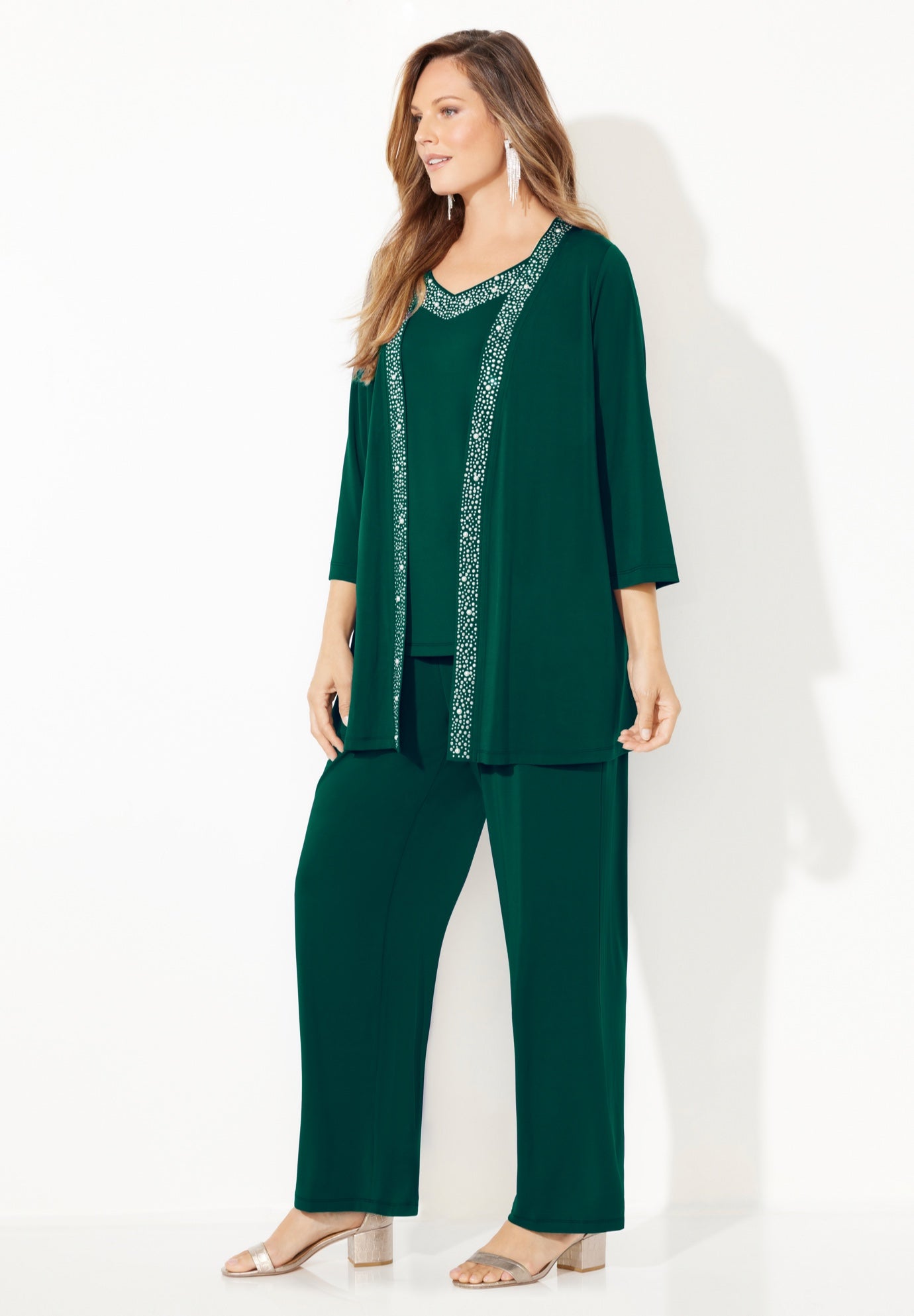 Beaded 3-Piece Cardigan Pant Suit image number 2