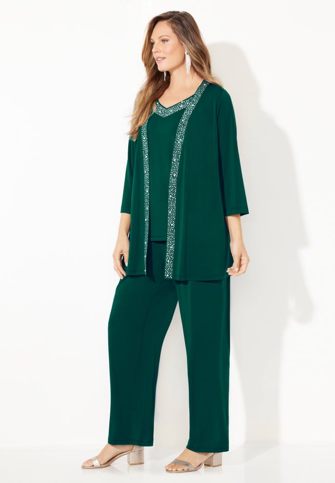 Beaded 3-Piece Cardigan Pant Suit image number 2