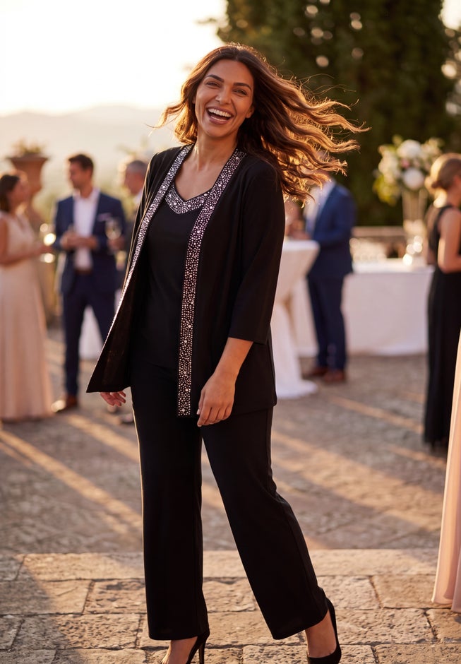 Beaded 3-Piece Cardigan Pant Suit image number 7