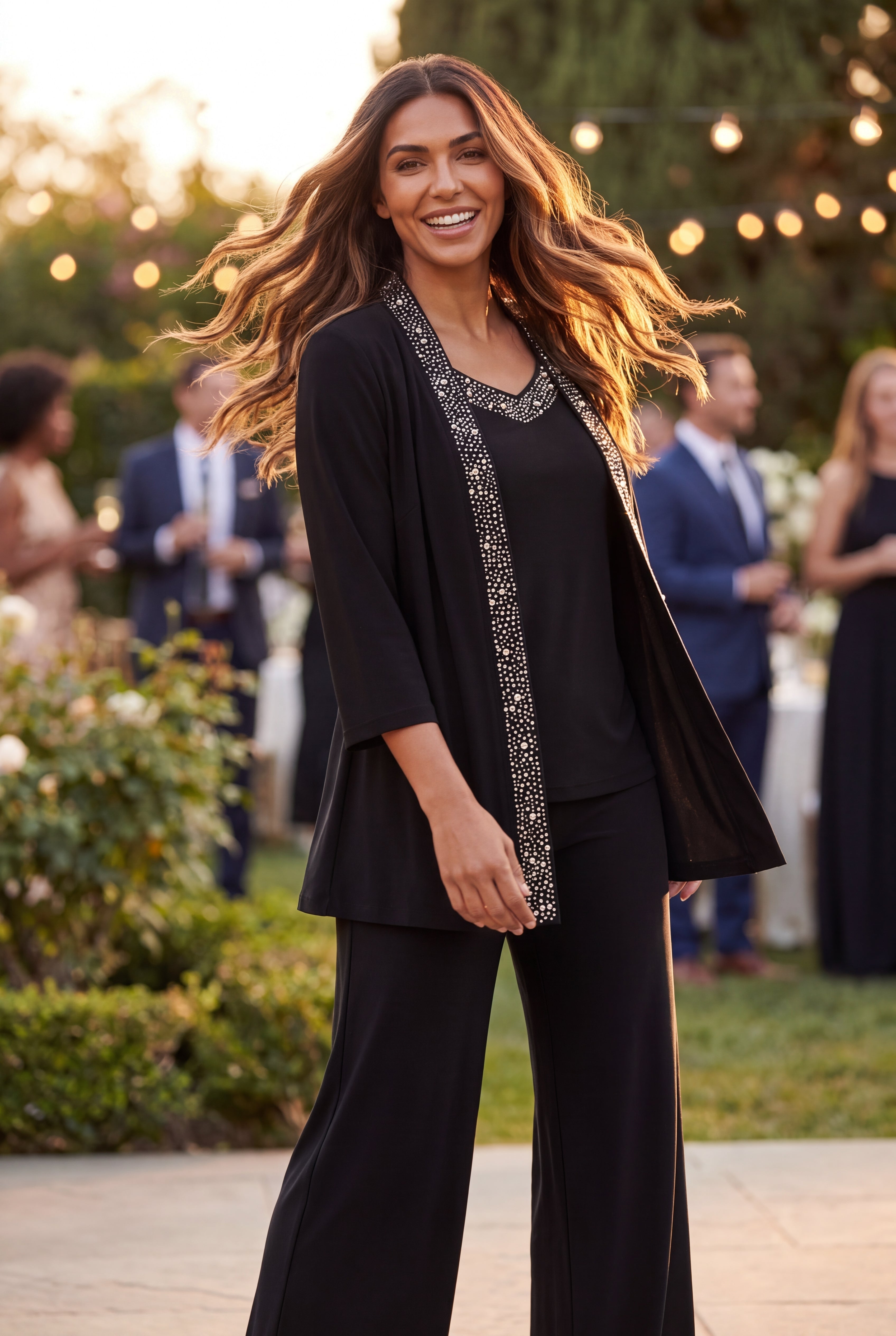 Beaded 3-Piece Cardigan Pant Suit image number 8