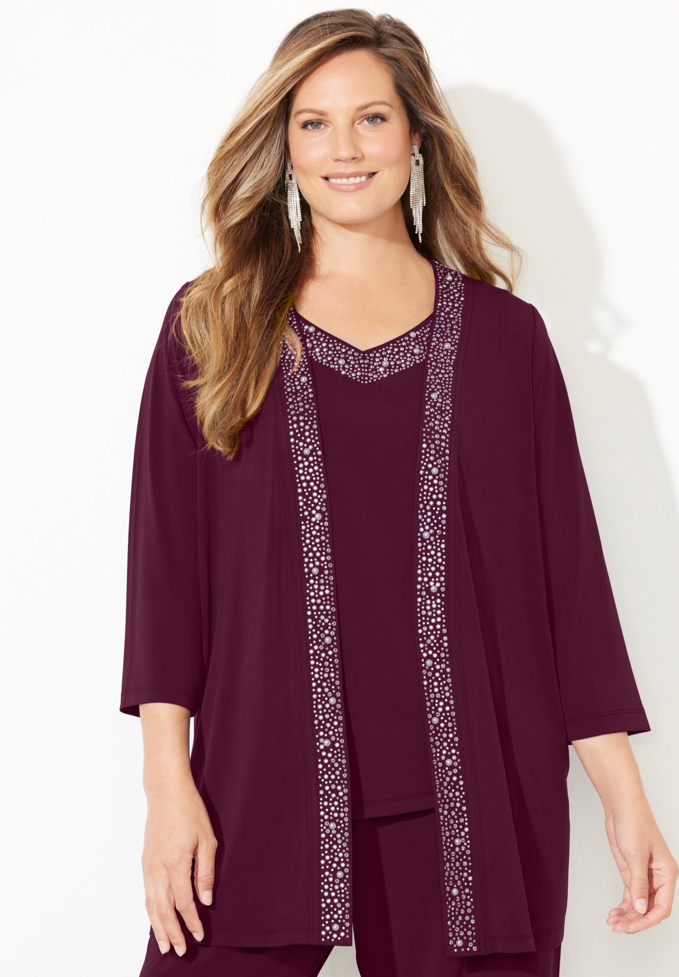 Beaded 3-Piece Cardigan Pant Set image number 3