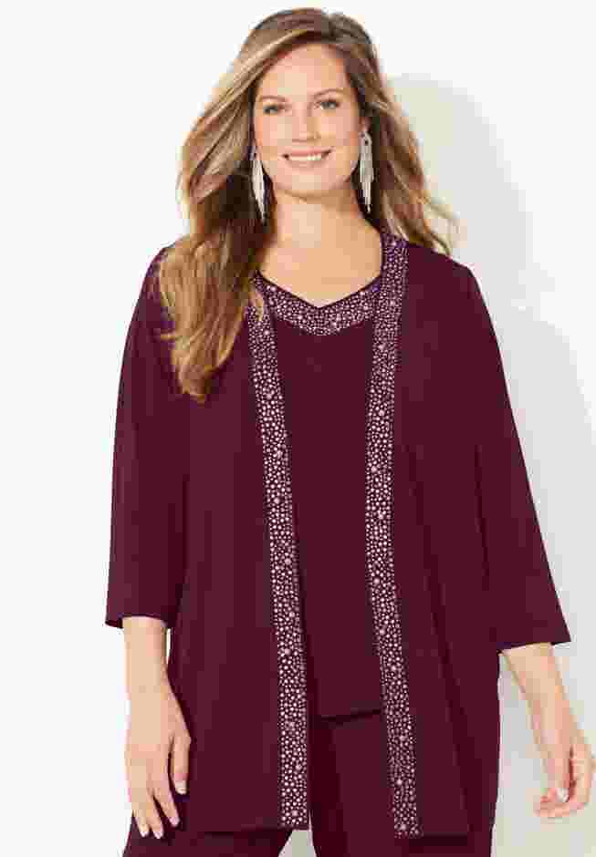 Beaded 3-Piece Cardigan Pant Set image number 3