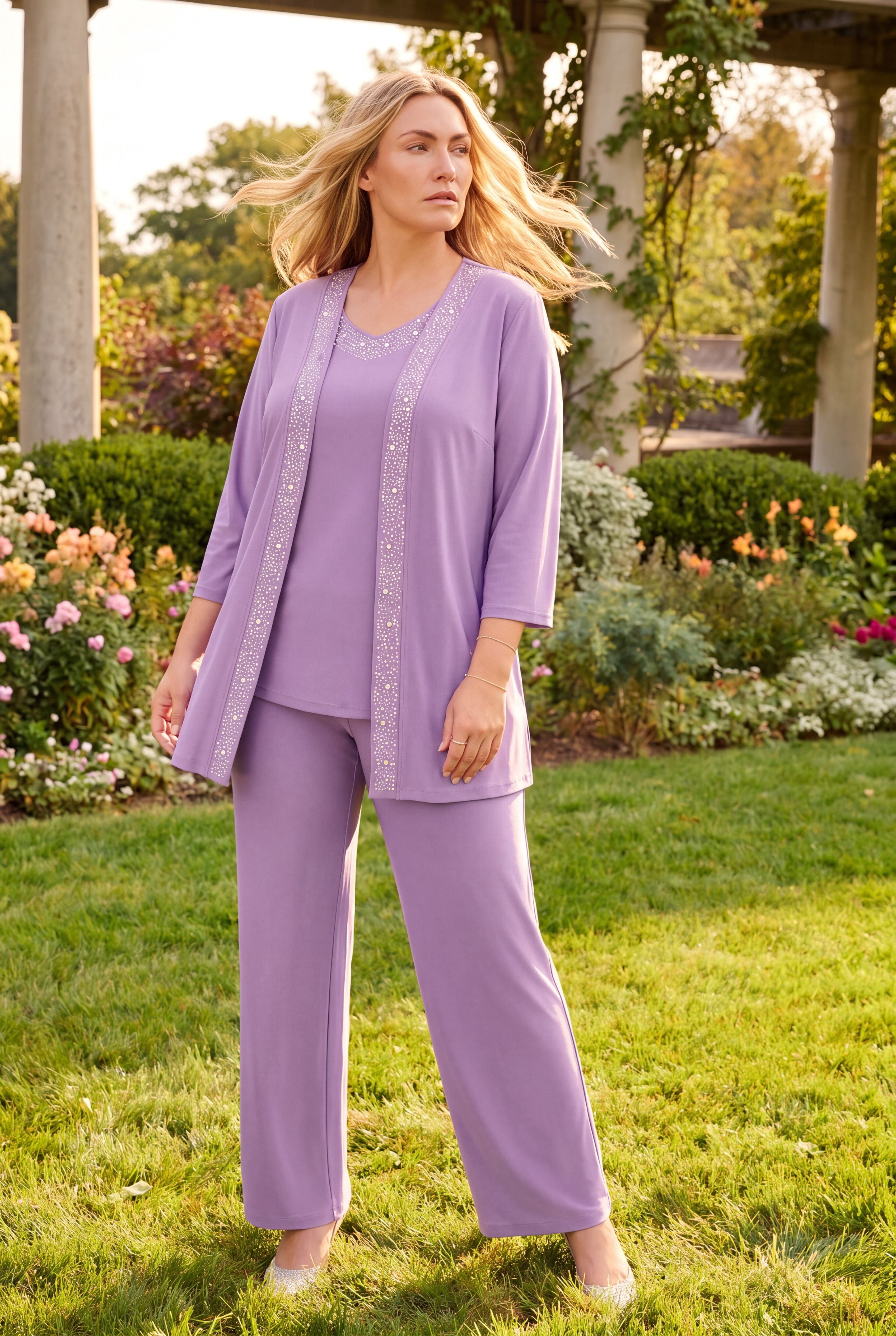 Beaded 3-Piece Cardigan Pant Suit image number 3