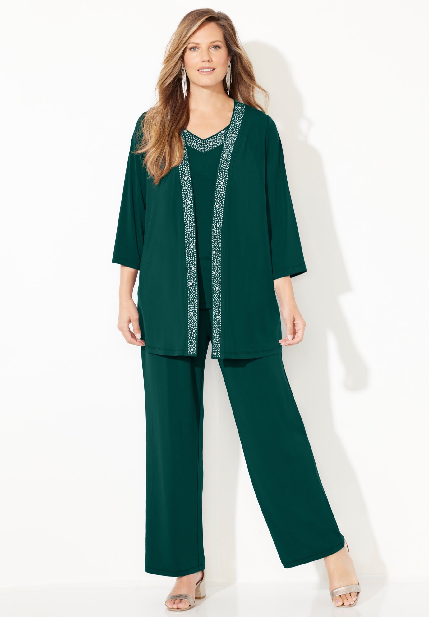 Beaded 3-Piece Cardigan Pant Suit image number 0