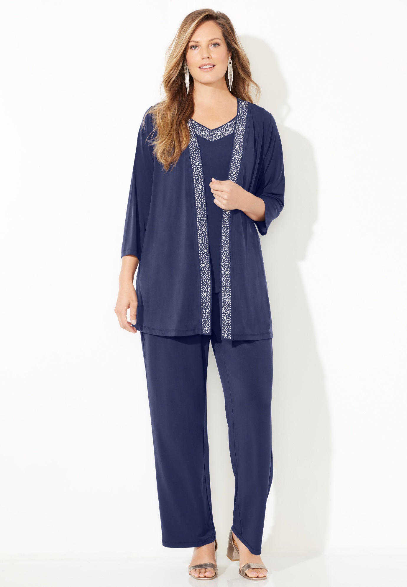 Beaded 3-Piece Cardigan Pant Set image number 0