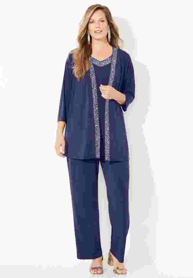Beaded 3-Piece Cardigan Pant Set image number 0