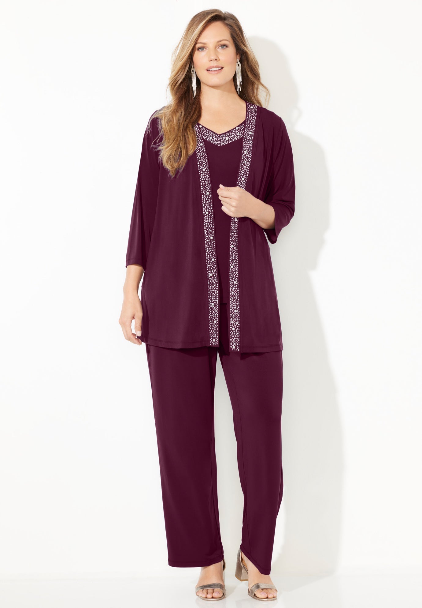 Beaded 3-Piece Cardigan Pant Set image number 4