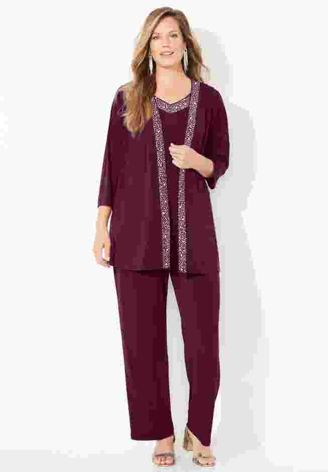 Beaded 3-Piece Cardigan Pant Set image number 0