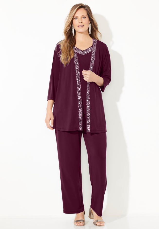 Beaded 3-Piece Cardigan Pant Set image number 4