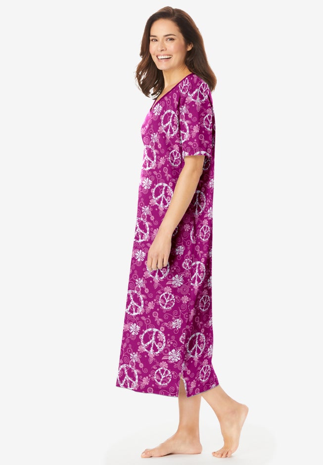 V-Neck Short Sleeve Midi Cotton Sleep Shirt image number 2