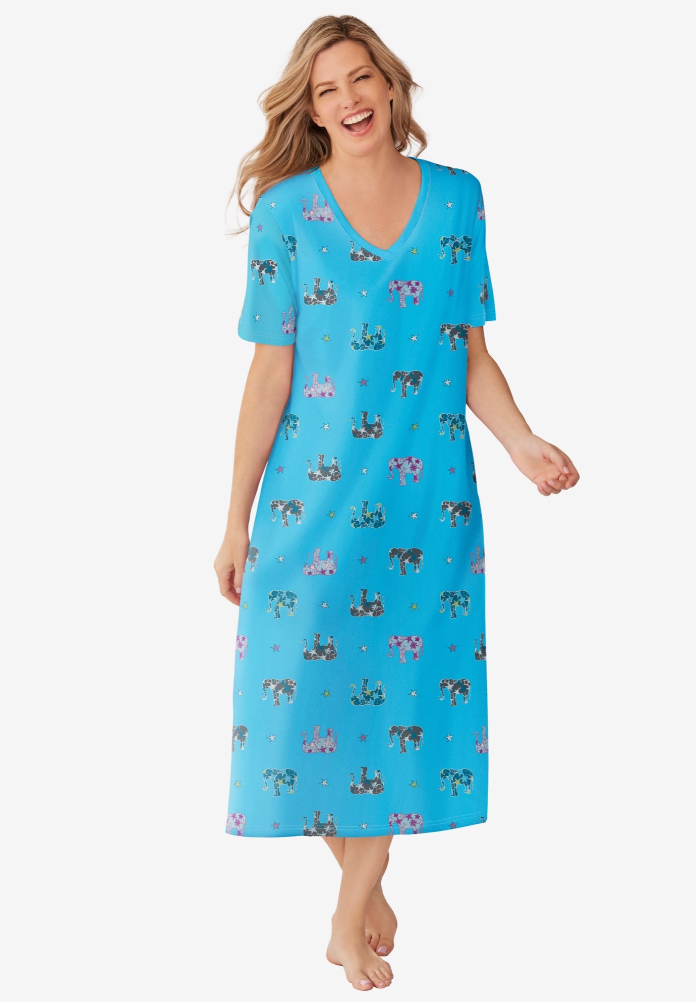 V-Neck Short Sleeve Midi Cotton Sleep Shirt image number 0