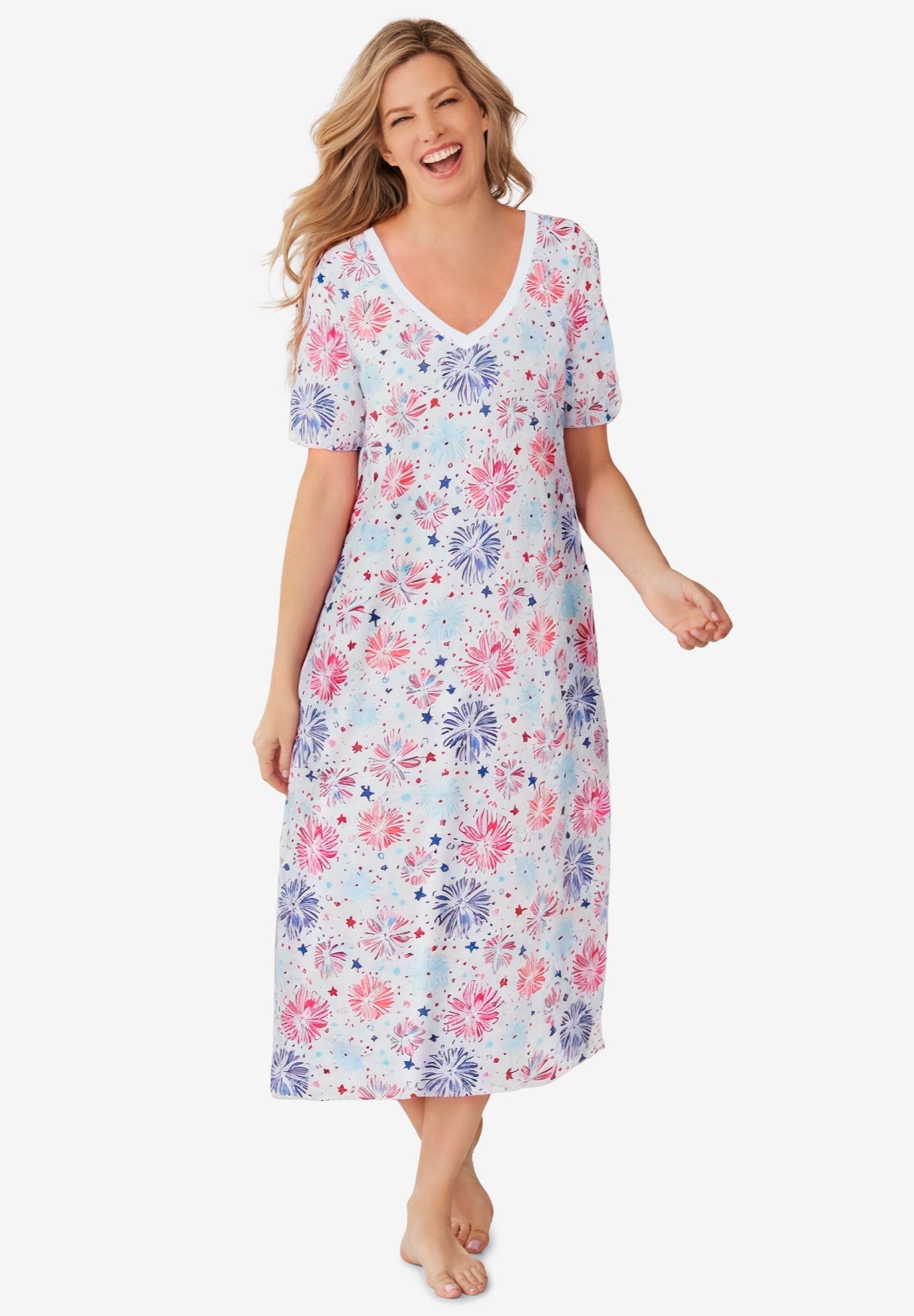 V-Neck Short Sleeve Midi Cotton Sleep Shirt image number 0