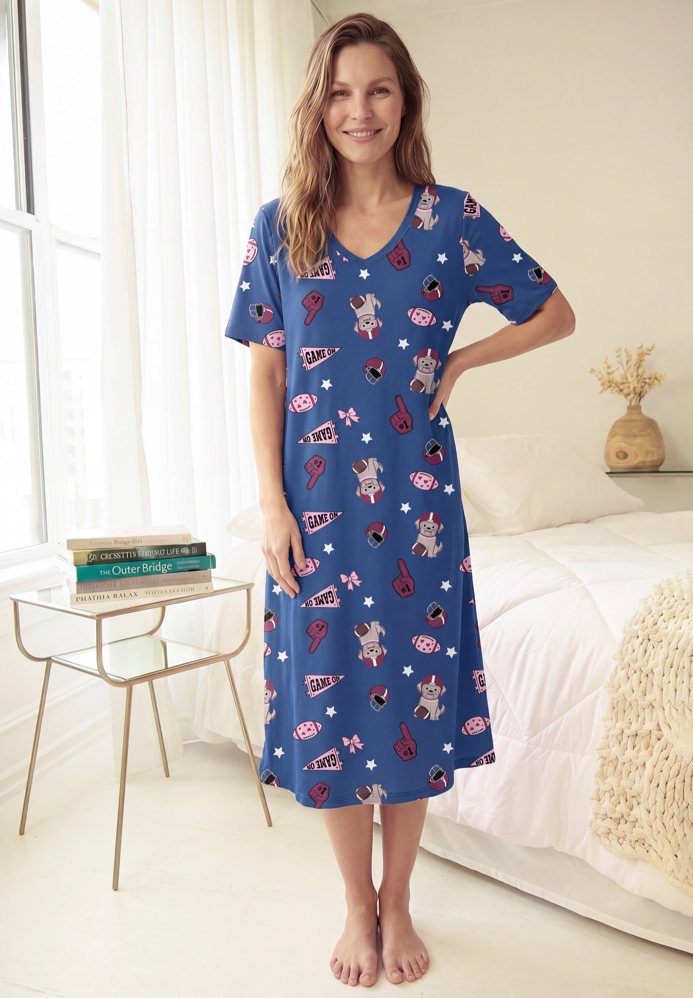 V-Neck Short Sleeve Midi Cotton Sleep Shirt image number 0