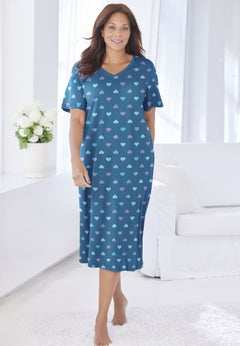 V-Neck Short Sleeve Midi Cotton Sleep Shirt