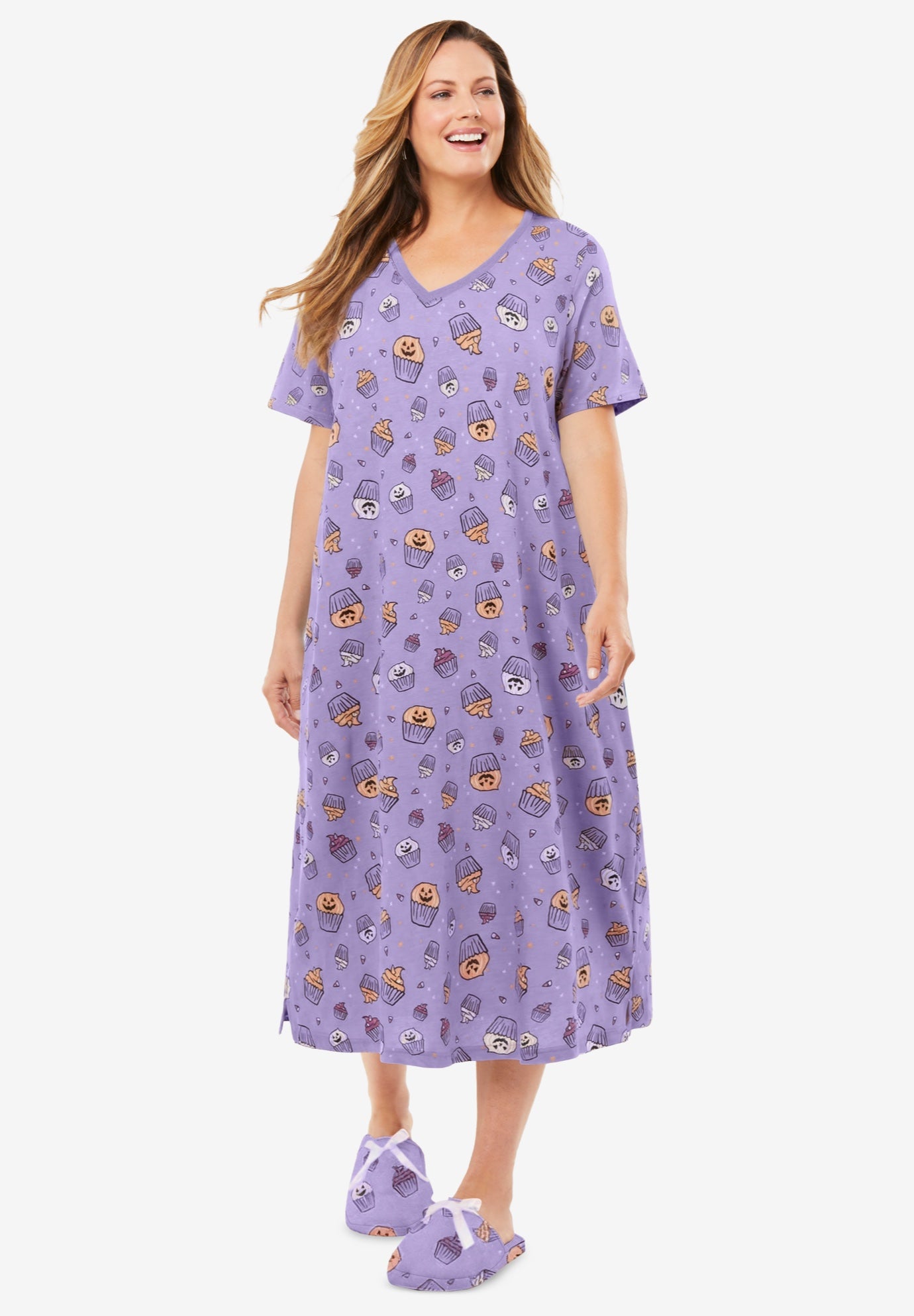 V-Neck Short Sleeve Midi Cotton Sleep Shirt image number 0