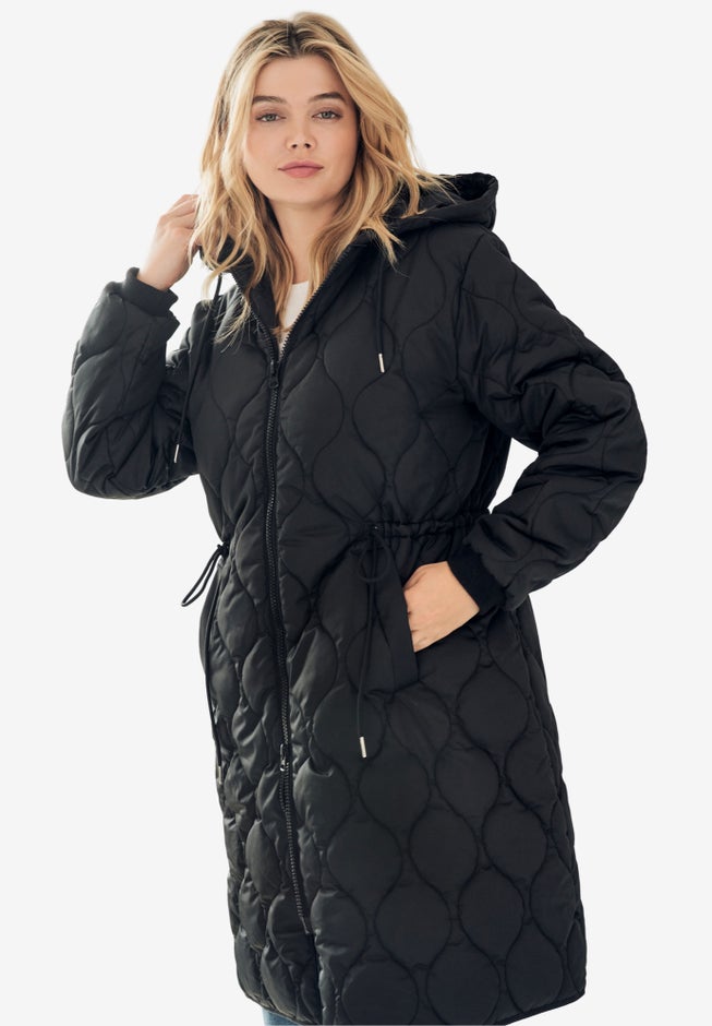 Long Quilted Jacket With Drawstring Waist image number 3