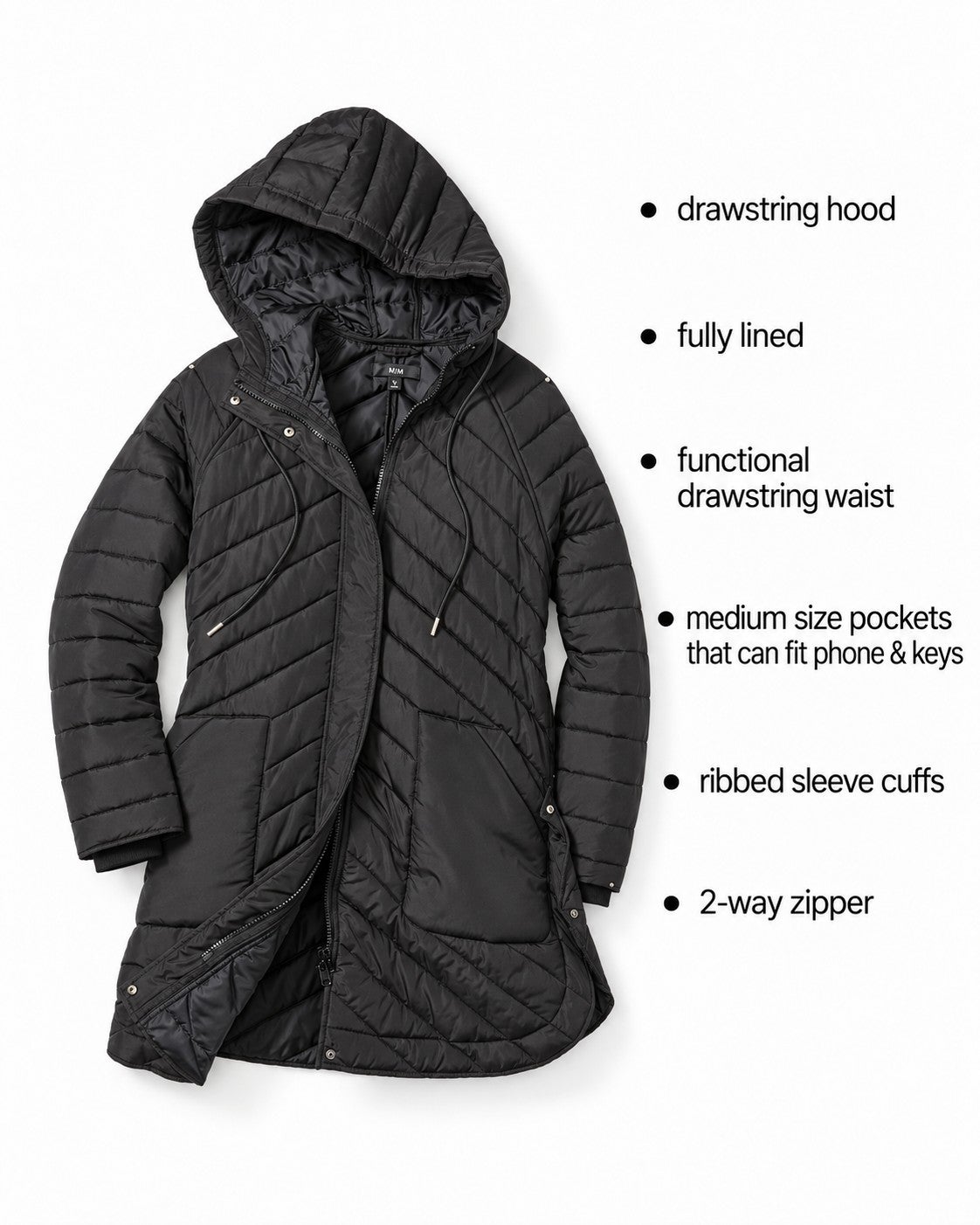 Long Quilted Jacket With Drawstring Waist image number 1