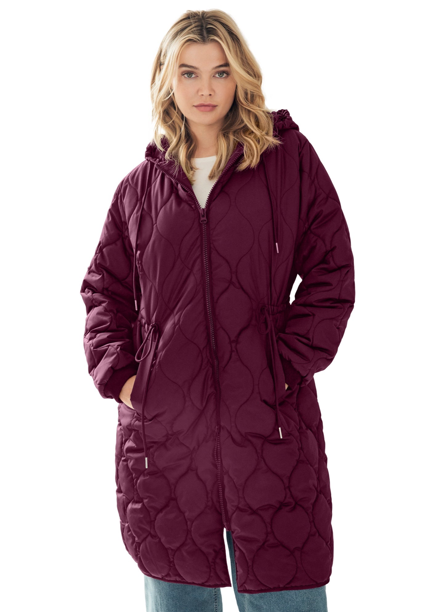 Long Quilted Jacket With Drawstring Waist image number 0