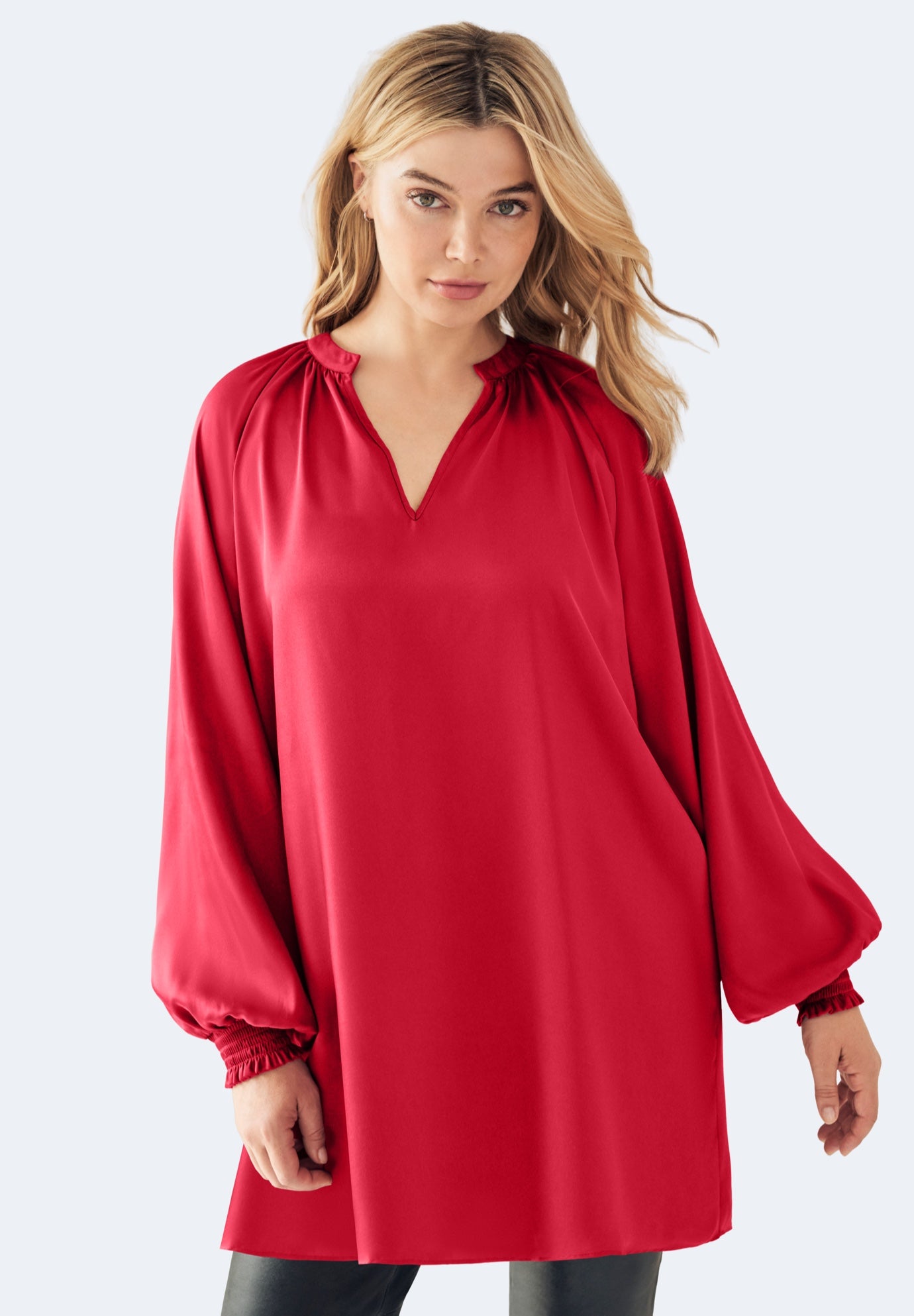 Satin V-Neck Tunic With Blouson Sleeves image number 0