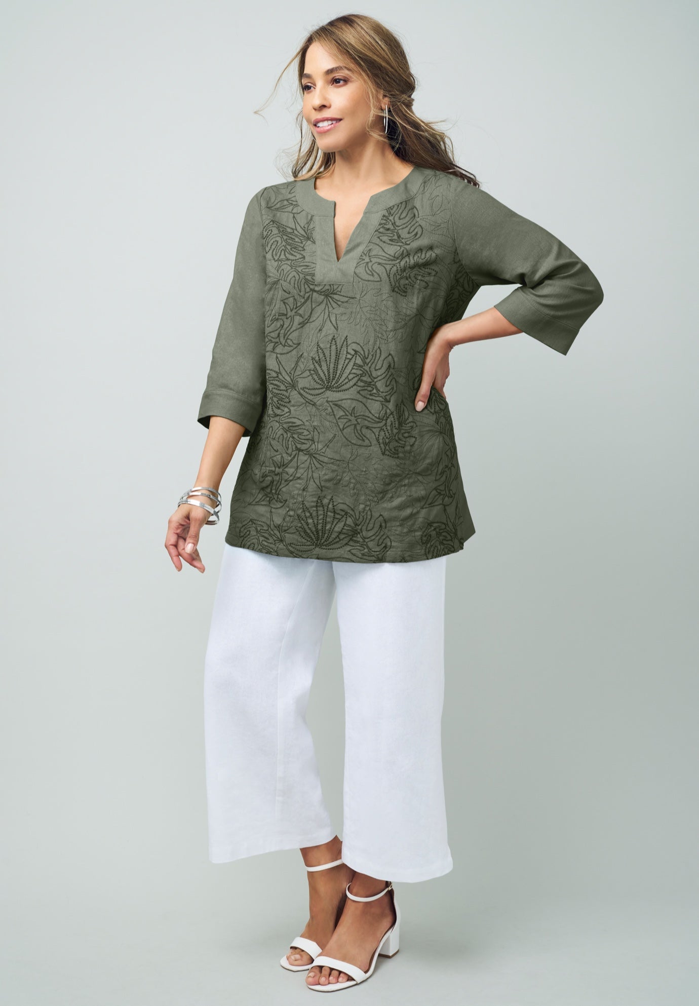 Linen V-Neck Embroidered Tunic image number 0