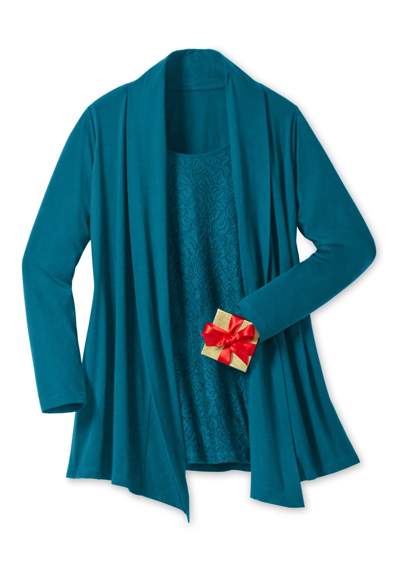 2-Fer Cardigan & Attached Lace Tunic image number 1
