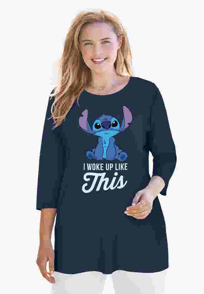 Disney Women's Three-Quarter Sleeve Tunic Stitch I Woke Up Like This Navy image number 0