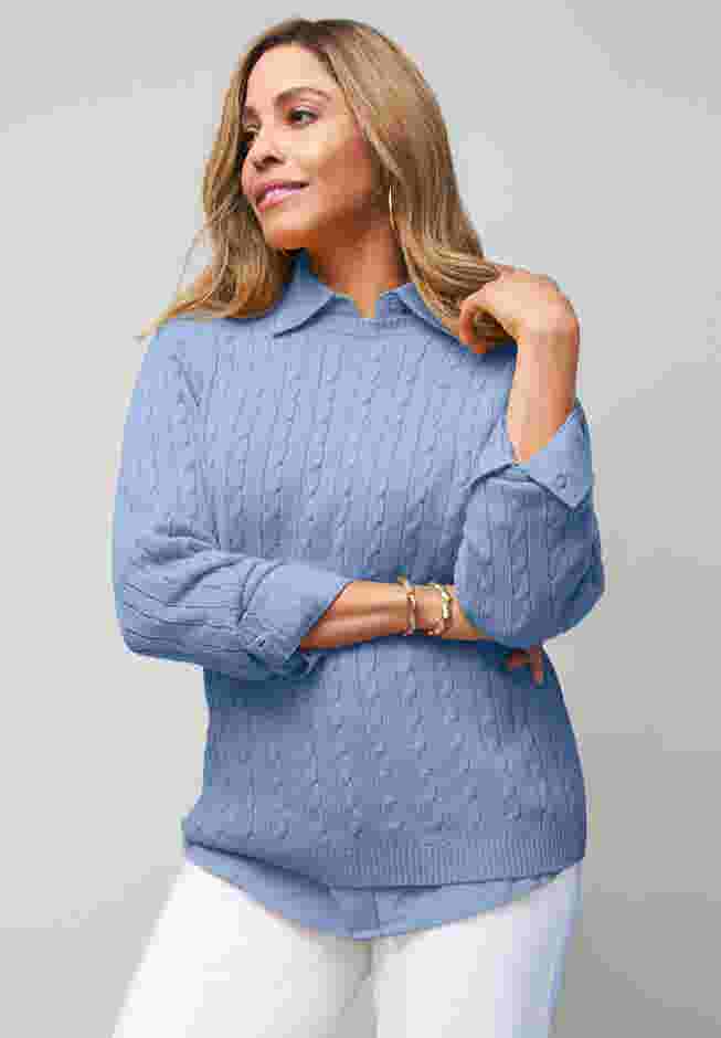 Cable Crewneck Sweater for Curvy Women, Azure Mist | Catherines